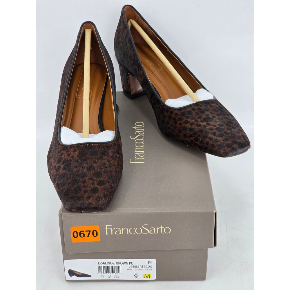 Franco Sarto Salino2 Pumps Womens 9 Brown Leopard Calf Hair Block Heel - New